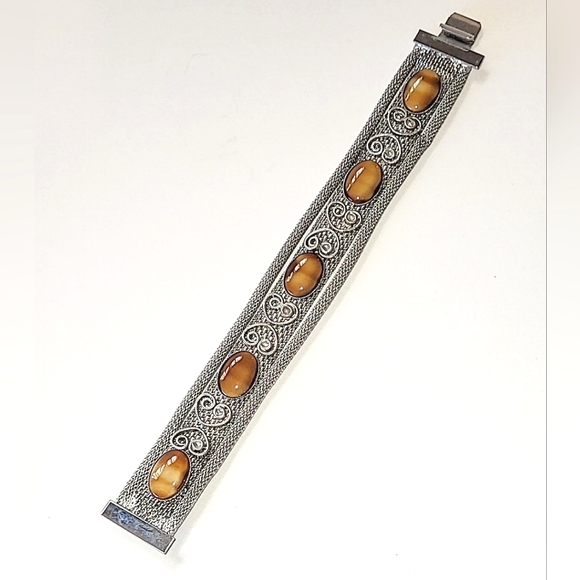 VINTAGE MESH BRACELET - FAUX TIGER'S EYE SLAG GLASS STONES - Picture 2 of 11